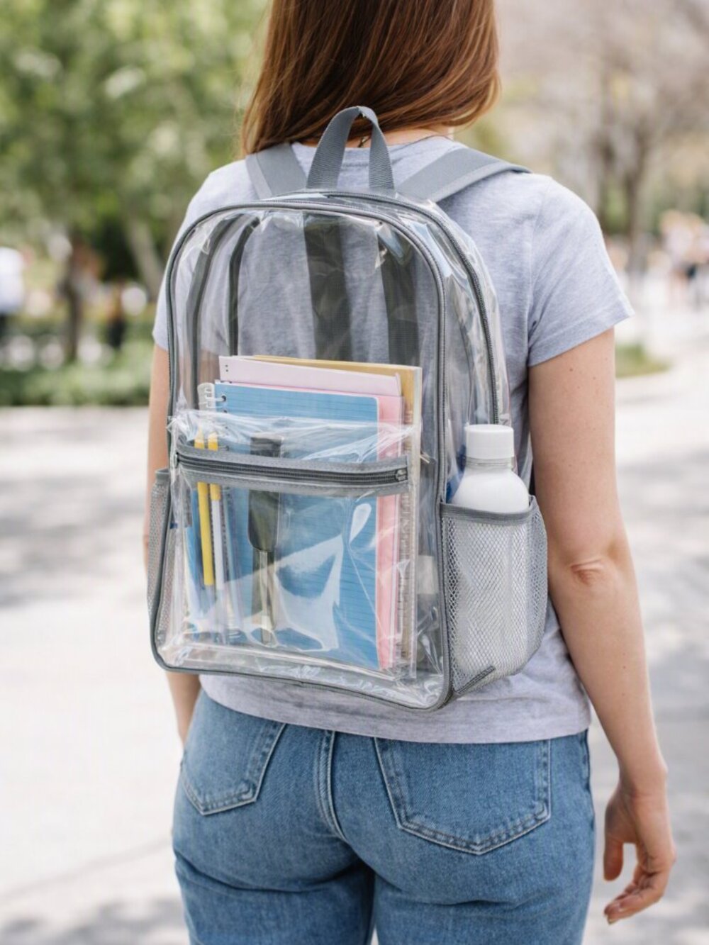 Clear  Backpack - Full Sized Transparent with Gray Straps - Event Approved - NWT
